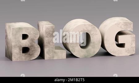 Blog di iscrizione in cemento di lusso sul podio grigio, luce soffusa, vista frontale sfondo liscio, rendering 3D Foto Stock