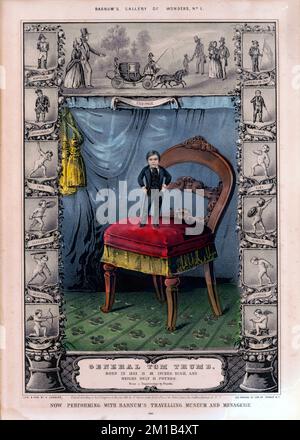 Illustrazione del generale Tom Thumb, Charles Sherwood Stratton (1838 – 1883), del generale Tom Thumb, nano americano e performer sotto il pioniere del circo P. T. Barnum. Foto Stock