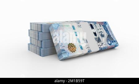 Arabia Saudita 500 banconote Riyals. Pila di banconote riyal saudite di 500 SR. Rendering 3D Foto Stock