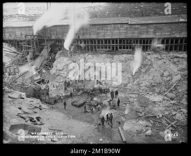 Wachusett Dam, massi nello scavo, Clinton, Mass., 12 febbraio 1901 , acquedotto, dighe, cantieri Foto Stock