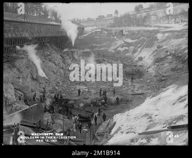 Wachusett Dam, massi nello scavo, guardando a valle, Clinton, Mass., 12 febbraio, 1901 , opere d'acqua, dighe, cantieri edili Foto Stock