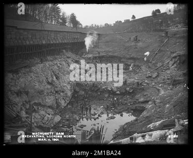 Diga di Wachusett, sporgenza e massi nello scavo, guardando verso nord, Clinton, Mass., 4 marzo, 1901 , opere d'acqua, dighe, cantieri edili Foto Stock