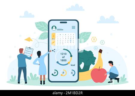 Illustrazione del vettore dell'app mobile per mangiare sano. Cartoon le persone piccole contano calorie nel cibo utilizzando l'app online nel telefono per la perdita di peso, analisi di qualità per il monitoraggio di prodotti biologici e piatti dietetici Illustrazione Vettoriale