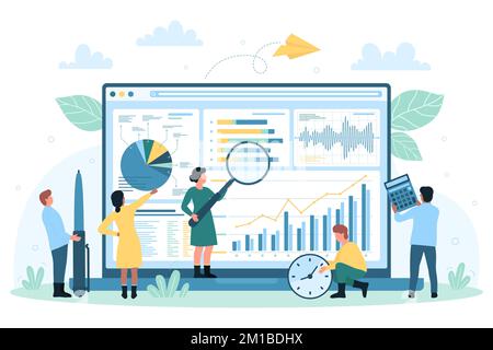 Monitoraggio e analisi dei dati su illustrazione vettoriale desktop. Cartoon persone piccole con lente di ingrandimento grafici di ricerca, grafici e diagramma sullo schermo del notebook, monitorare la crescita del rapporto finanziario per il commercio Illustrazione Vettoriale