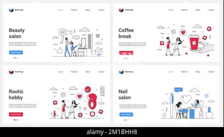 Salone di bellezza, pedicure e manicure, caffè spezzare linea sottile set illustrazione vettoriale. Cartoon la gente piccola cura la pelle ed i capelli con il trattamento del centro termale delle unghie, la procedura dello stilista del parrucchiere e l'acconciatura Illustrazione Vettoriale