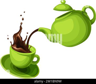 Teiera e una tazza di tè. Teiera verde che versa il tè in una tazza verde. Illustrazione vettoriale isolata su sfondo bianco Illustrazione Vettoriale