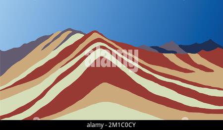 Montagne arcobaleno o Vinicunca Montana de Siete Colores isolato su sfondo cielo blu, regione di Cuzco in Perù, Ande peruviane, vista panoramica vettore i Illustrazione Vettoriale