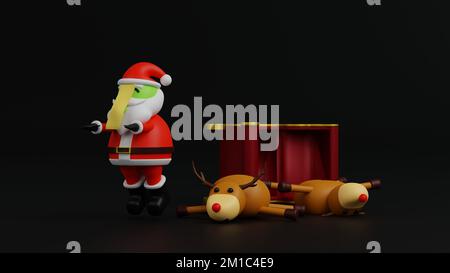 Dead Babbo Natale stile zombie cinese con talismano giallo salto di notte, concetto di incidente e assicurazione sulla vita, 3D rendering personaggio cartone animato. Foto Stock