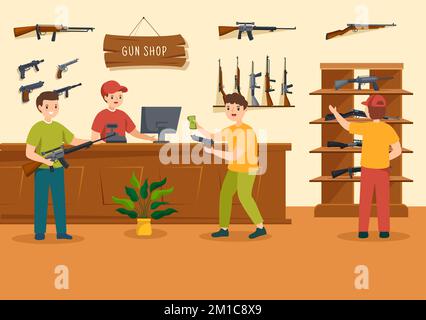 Gun Shop o Caccia con fucile, Bullet, arma e attrezzatura di caccia in stile piatto Cartoon modelli disegnati a mano Illustrazione Illustrazione Vettoriale