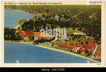 Vista aerea di Portsmouth, Virginia, Naval Hospital in primo piano, Cities & Cities, Tichnor Brothers Collection, cartoline degli Stati Uniti Foto Stock