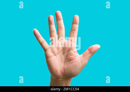 Palmo di una mano maschio che mostra cinque dita rivolte verso l'alto. Su sfondo blu. Foto Stock