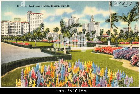 Bayfront Park and hotels, Miami, Florida , Parchi, Hotel, Tichnor Brothers Collection, cartoline degli Stati Uniti Foto Stock