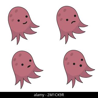 Raccolta di divertenti meduse con emozioni diverse. Medusa di mare. Carino medusa con volti e sorrisi. Illustrazione Vettoriale