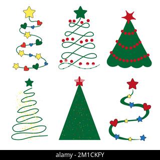 Set di icone e adesivi degli alberi di Natale. Alberi di Natale astratti con giocattoli di Natale. Illustrazione Vettoriale