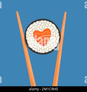 Chopsticks con sushi roll, salmone a forma di cuore, concetto di snack, susi, sushi ristorante, frutti di mare Illustrazione Vettoriale