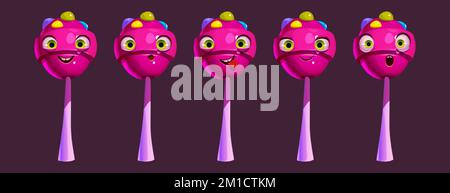 Divertente personaggio lollipop faccia emoji set, cartone animato caramella rosa su stick ui fumetto gioco personage, felice, sorpresa WOW faccia e mostrare emozioni lingua. Carino Illustrazione Vettoriale