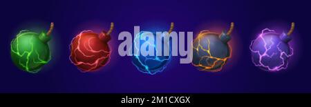 Bombe con fusibili puntelli icone di gioco. Arma militare esplosiva con stoppino in corda e luci elettriche verdi, rosse, blu, arancioni e viola. Cartone animato metallo Illustrazione Vettoriale