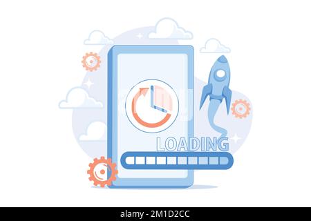 Aumento della velocità di carico. Browser Internet veloce, tecnologia online moderna, tempi di download più rapidi. Ottimizzazione delle prestazioni dello smartphone, miglioramento. fla Illustrazione Vettoriale
