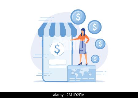 Mobile banking, app e banking. Portafoglio digitale, sistema di pagamento online, applicazione bancaria. Servizi finanziari moderni, e payment idea design elemento. f Illustrazione Vettoriale