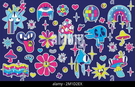 Adesivi psichedelici in stile retrò Y2K. Macchie di acido di Retrowave con funghi, cranio, fiore, arcobaleno, bandiera e bocca, cartoon vettoriale isolato sullo sfondo Illustrazione Vettoriale
