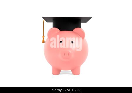 Banco rosa con tappo graduato su sfondo bianco isolato. Il pagamento di prestito dell'allievo, la borsa di studio o l'investimento dell'università. Piano di istruzione finanziaria Foto Stock