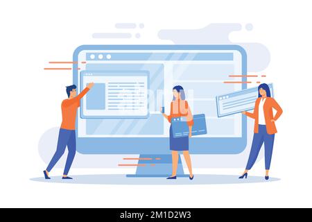 Pianificazione dello sviluppo dell'interfaccia del sito Web. DevOps team di personaggi flat al lavoro. UI, UX, design dei contenuti. Creazione di software per computer e sviluppo web. f Illustrazione Vettoriale