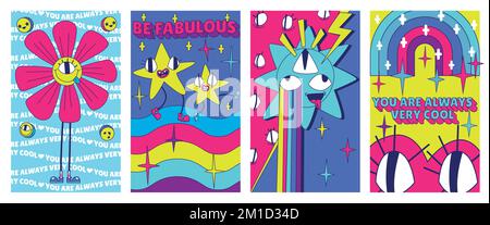 Y2K volantini retrò con personaggi trippy fiore e stelle su arcobaleno. Illustrazione vettoriale surreale cyberpunk in stile psichedelico trendy. Poster astratti motivazionali con motto Illustrazione Vettoriale