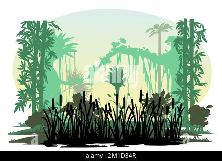 Mattina torbida. Giungla foresta pluviale. Natura paesaggio silhouette. Fitti ispessimenti tropicali. Isolato su sfondo bianco. Vettore. Illustrazione Vettoriale