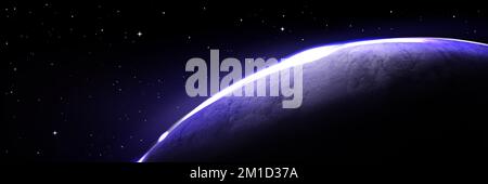 Pianeta con luce blu all'orizzonte dal sole che sorge sullo sfondo del cosmo nero con stelle. Banner con spazio esterno e globo terrestre con bagliore di atmosfera sul bordo, illustrazione realistica vettoriale Illustrazione Vettoriale