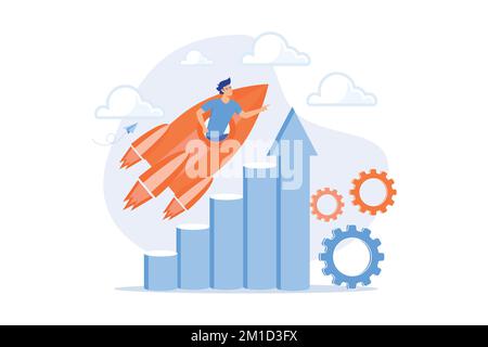 Successo. Aspirazione professionale, promozione del lavoro, crescita personale. Lavoratore motivato, uomo d'affari che vola in razzo, motivazione e determinazione. Illustrazione Vettoriale