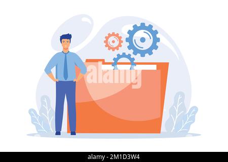 Memorizzazione delle informazioni, cartella dei file. Archiviazione, ottimizzazione, organizzazione elemento di progettazione piatto isolato. Office manager personaggio cartoon maschile. vecto piatto Illustrazione Vettoriale