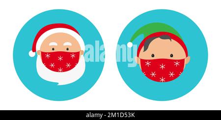 Avatar di Babbo Natale e elfo di Natale in maschere facciali. Icona vettore. Illustrazione Vettoriale