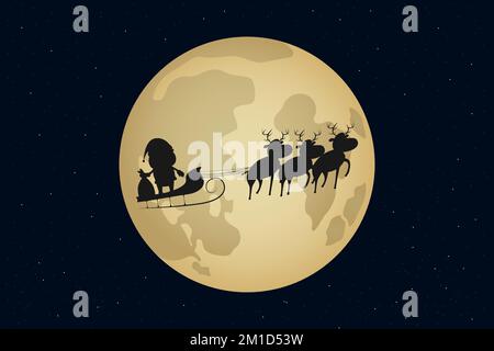 Babbo Natale che vola su una slitta con renne sullo sfondo della luna piena. Illustrazione vettoriale. Illustrazione Vettoriale