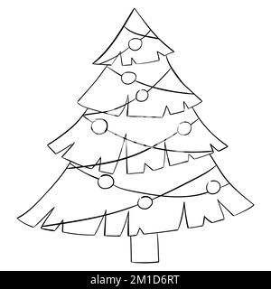 Cartone animato albero di Natale per libri da colorare. Design lineare per libri da colorare per bambini. Illustrazione Vettoriale