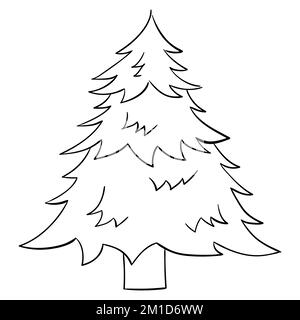 Cartone animato albero di Natale per libri da colorare. Design lineare per libri da colorare per bambini. Illustrazione Vettoriale