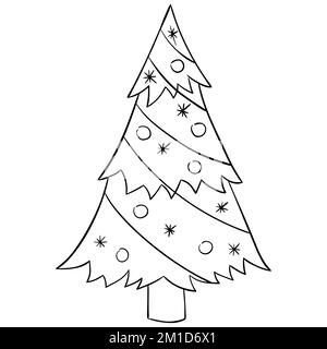 Cartone animato albero di Natale per libri da colorare. Design lineare per libri da colorare per bambini. Illustrazione Vettoriale