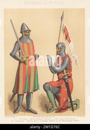 Cavaliere inginocchiato dalla prima crociata, da un manoscritto del British Museum, e cavaliere in piedi dalla Constitutiones Jacobi II, 1295, Bibliotheque de Bourgogne a Bruxelles. Cavalieri crociati in casco conico, tuta di armatura a catena, armatura a piastra di protezione per braccia e gambe, tunica armorale, speroni, armati di spada e lancia con banner. Crociati, 13th ° secolo. Croisades, XIIIme Siecle. Chromolithograph di Ferdinand Sere e Felix de Vigne di Charles Louandre Les Arts Somptuaires, The Sumputary Arts, Hangard-Mauge, Parigi, 1858. Foto Stock