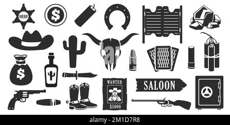 Icone nere selvagge occidentali. Silhouette Western american cowboy con revolver per chitarra cactus dinamite bandit, semplici elementi di design monocromatici. Set vettoriale Illustrazione Vettoriale