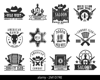 Logo Wild West. Stemmi da cowboy dell'America occidentale con elementi da pistola a lasso di cavallo di cactus, emblemi piatti di cartoni animati per la stampa di etichette per francobolli. Set vettoriale Illustrazione Vettoriale