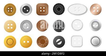 Bottoni per cucire. Oro argento metallo bronzo rame rivetti tessuto, artigianato accessori di abbigliamento agugliatura varie forme. Raccolta isolata di tessuti vettoriali Illustrazione Vettoriale
