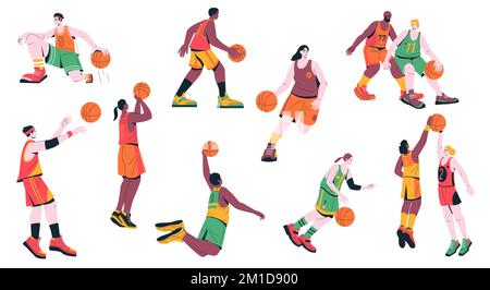 Giocatori di basket. Cartoon personaggi maschili e femminili che giocano a sport gioco dribbling saltando lancio palla nel basket, atleti in posa dinamica. Vettore Illustrazione Vettoriale