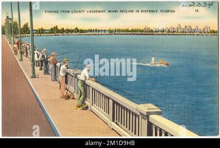 Pesca dalla contea Causeway, skyline di Miami in lontananza, Florida , Città e città, Tichnor Brothers Collection, cartoline degli Stati Uniti Foto Stock