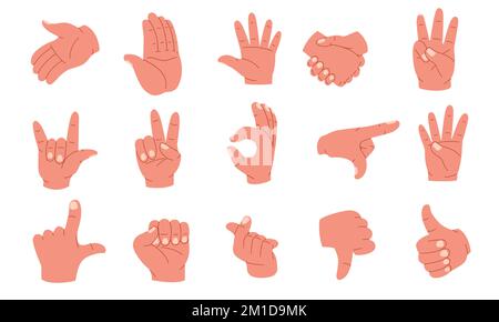 Gesti delle mani. Palme e polso umani che mostrano emozioni e segni, il braccio pone le dita puntanti indice pollice su segno lingua icone. Cartoon vettoriale Illustrazione Vettoriale