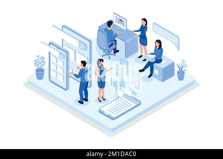 Concetto di team di sviluppo sul lavoro. Può essere utilizzato per banner Web, infografiche, immagini di eroi, illustrazioni vettoriali isometriche moderne Illustrazione Vettoriale