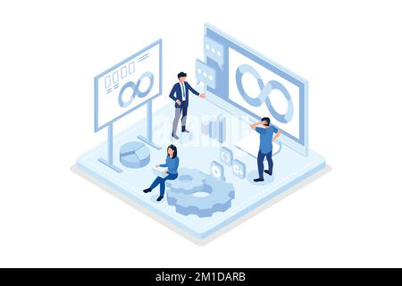 Concetto DevOps at Work. Può essere utilizzato per banner Web, infografiche, immagini di eroi, illustrazioni vettoriali isometriche moderne Illustrazione Vettoriale