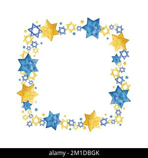 Cornice di bordo quadrata ebraica con stelle David di colore blu e giallo oro su sfondo bianco. Acquerello Hanukkah vacanza illustrazione Foto Stock