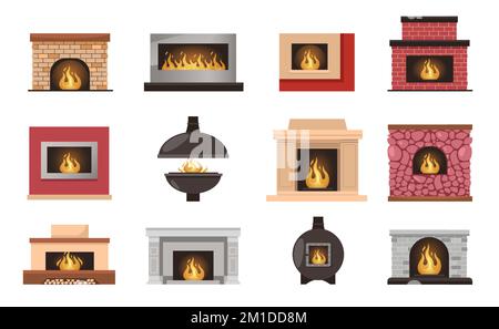 Caminetti. Caldo accogliente casa interno decorazione stufa a legna fiamme, comfort casa zona ricreativa in mattoni in pietra gesso. Vettore isolato Illustrazione Vettoriale