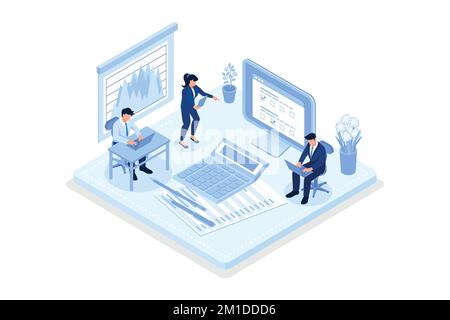 Consulente finanziario con il cliente che analizza il rapporto finanziario. Uomo riunione contabile per consiglio. Consulente aziendale al lavoro, isometrico piatto vettore moderno Illustrazione Vettoriale