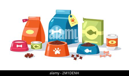 Confezionamento per mangimi in PET. Cartoni animati per gatti e cani con giocattoli accessori per la cura del corpo, animali domestici che alimentano il concetto di cura veterinaria. Vettore Illustrazione Vettoriale