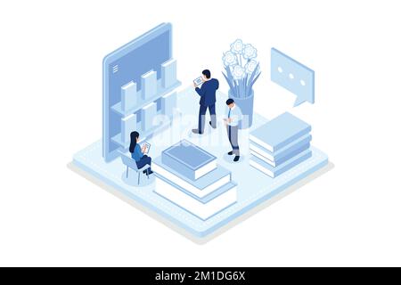 I personaggi degli studenti imparano online a casa. Libro di lettura dei personaggi nella libreria online e studiare con lo smartphone. Concetto di formazione mobile, isometrico Illustrazione Vettoriale